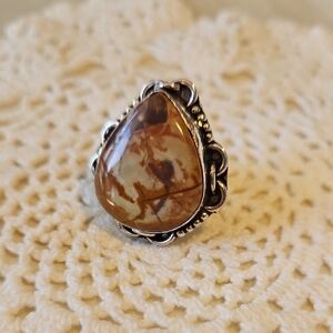 Silver Plated Orange & Brown Jasper Ring Size 8.5-9